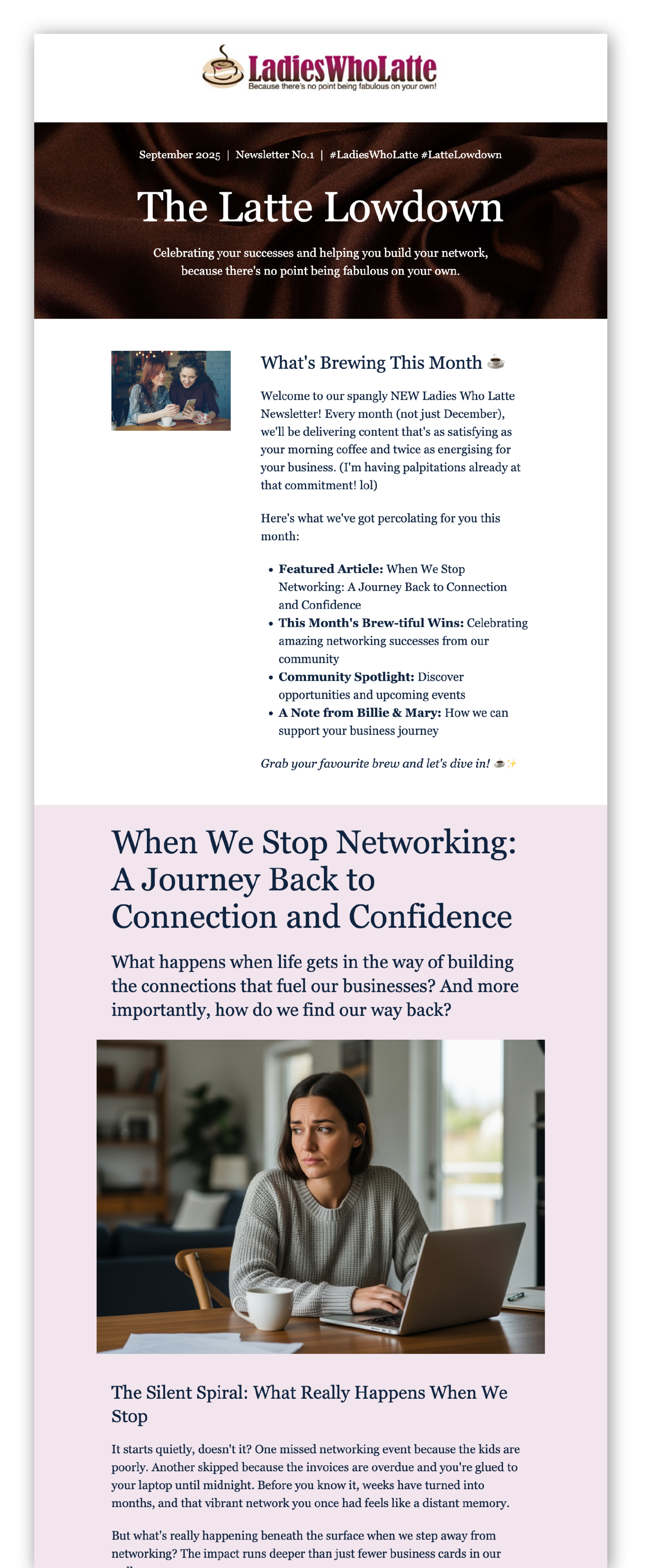 This is a screenshot of The Latte Lowdown - The Newsletter for the FREE Business Womens Networking organisation, Ladies Who Latte