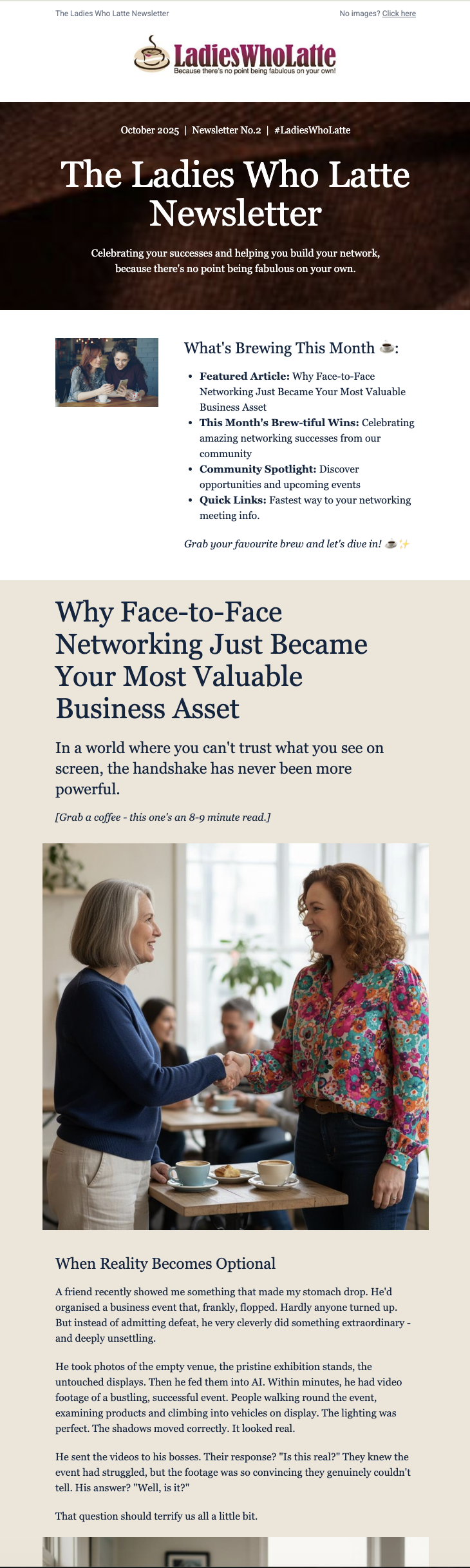 This is a screenshot of the Ladies Who Latte Newsletter